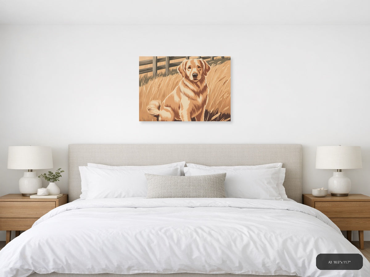 Vintage Brown and White Dog Portrait Landscape Wall Art — A3 / Bedroom