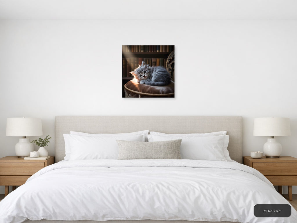 Fluffy Gray Kitten on Cushion Photography Wall Art — A3 / Bedroom