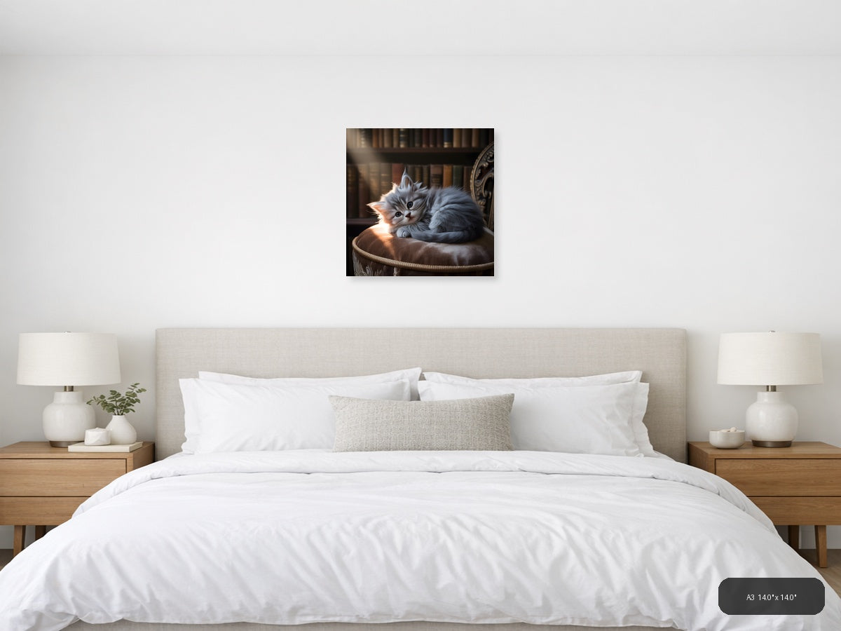 Fluffy Gray Kitten on Cushion Photography Wall Art — A3 / Bedroom