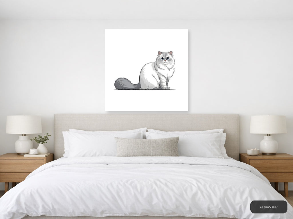 Gray and White Persian Cat Portrait Minimalist Wall Art — A1 / Bedroom