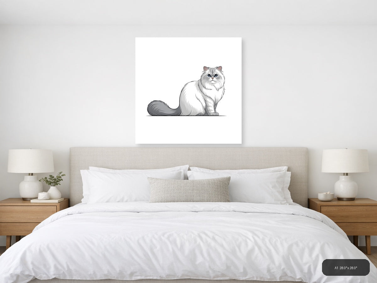 Gray and White Persian Cat Portrait Minimalist Wall Art — A1 / Bedroom