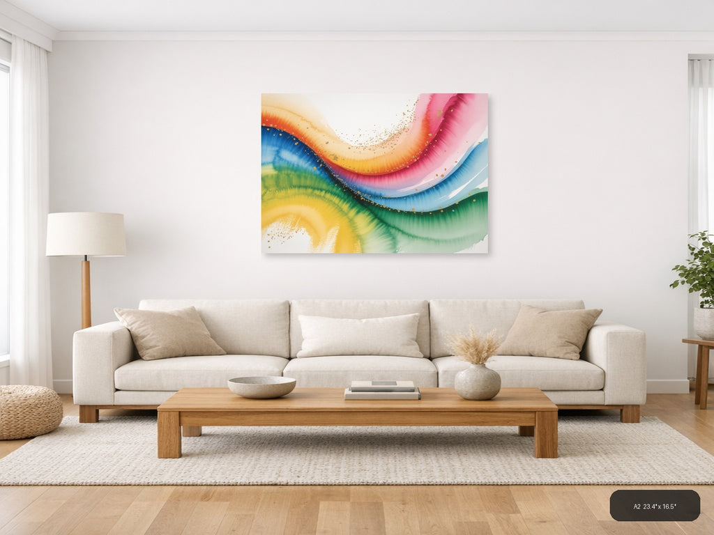 Rainbow Watercolor Flow Gold Splatter Wall Art — A2 / Living Room