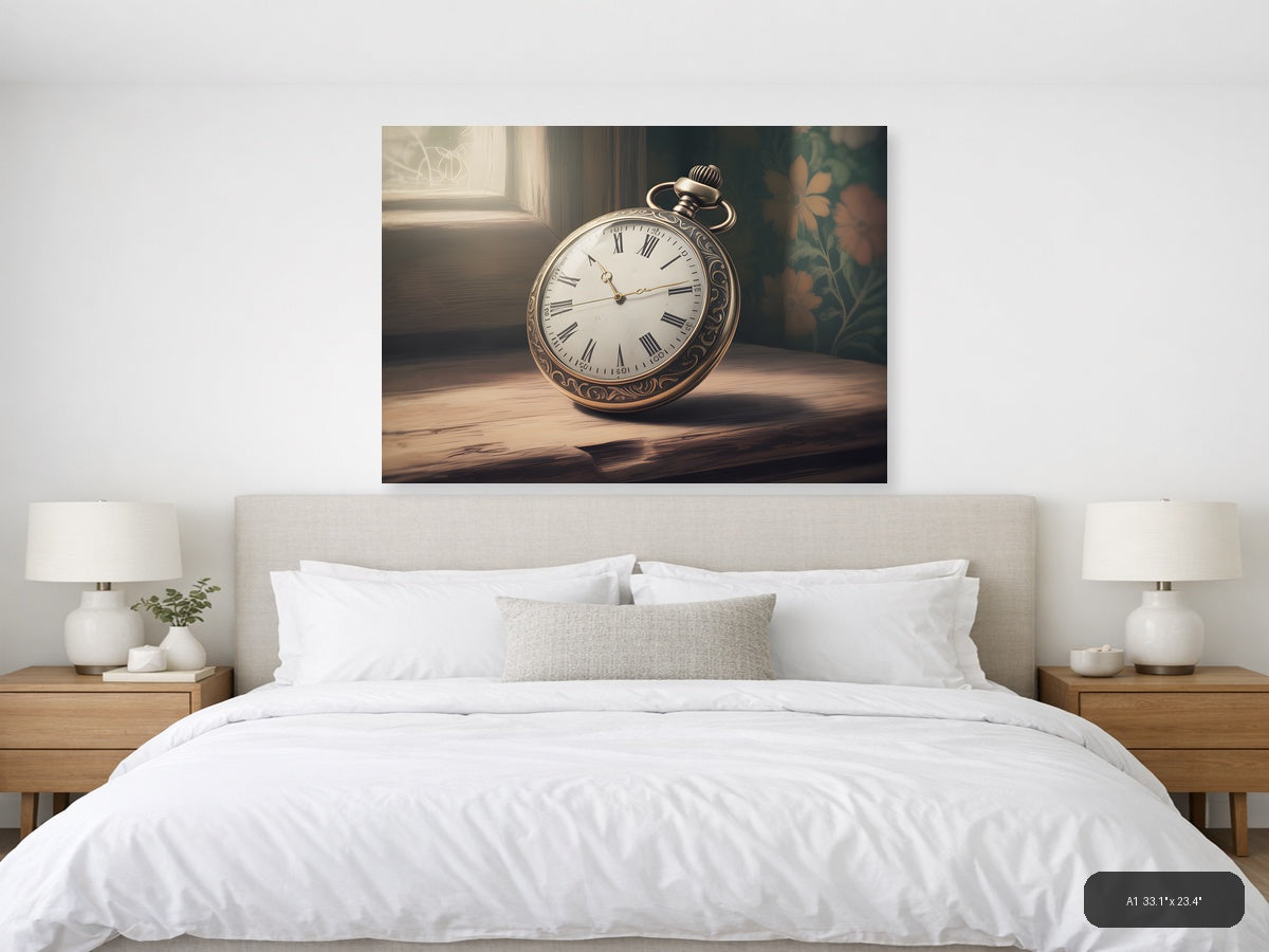 Vintage Pocket Watch with Roman Numerals Wall Art — A1 / Bedroom