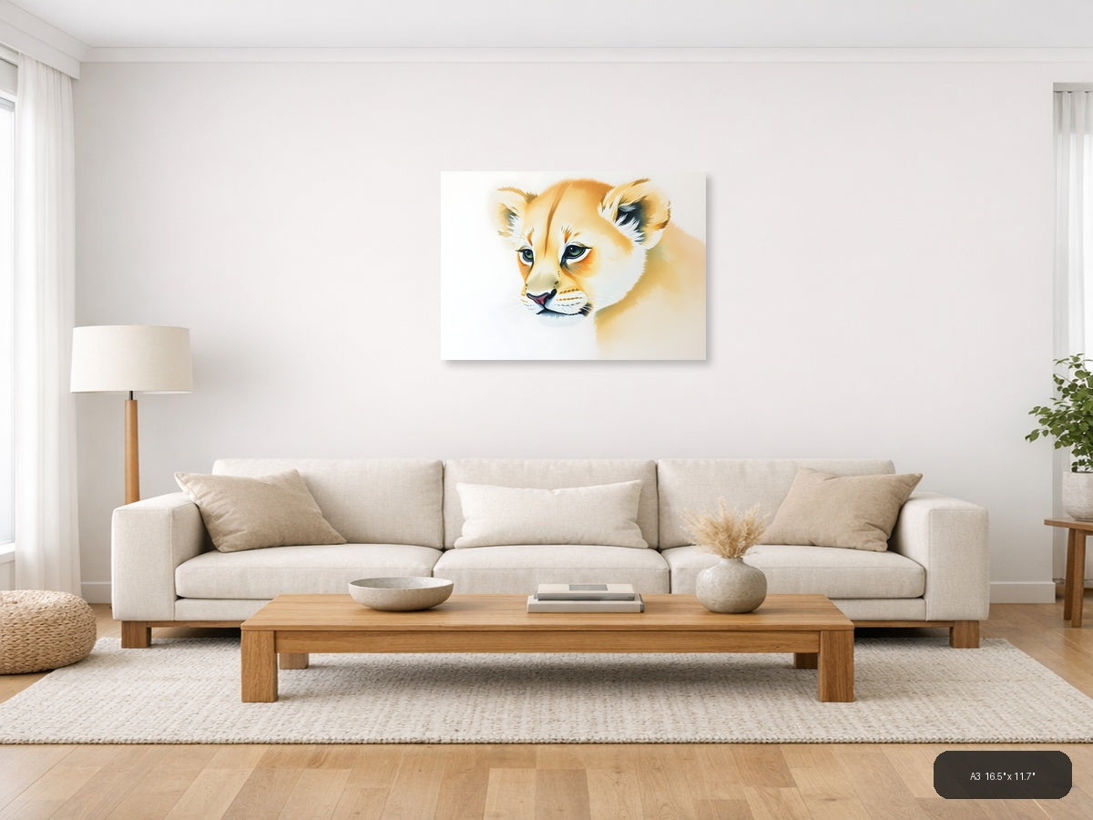 Young Lion Cub Watercolor Portrait Wall Art — A3 / Living Room