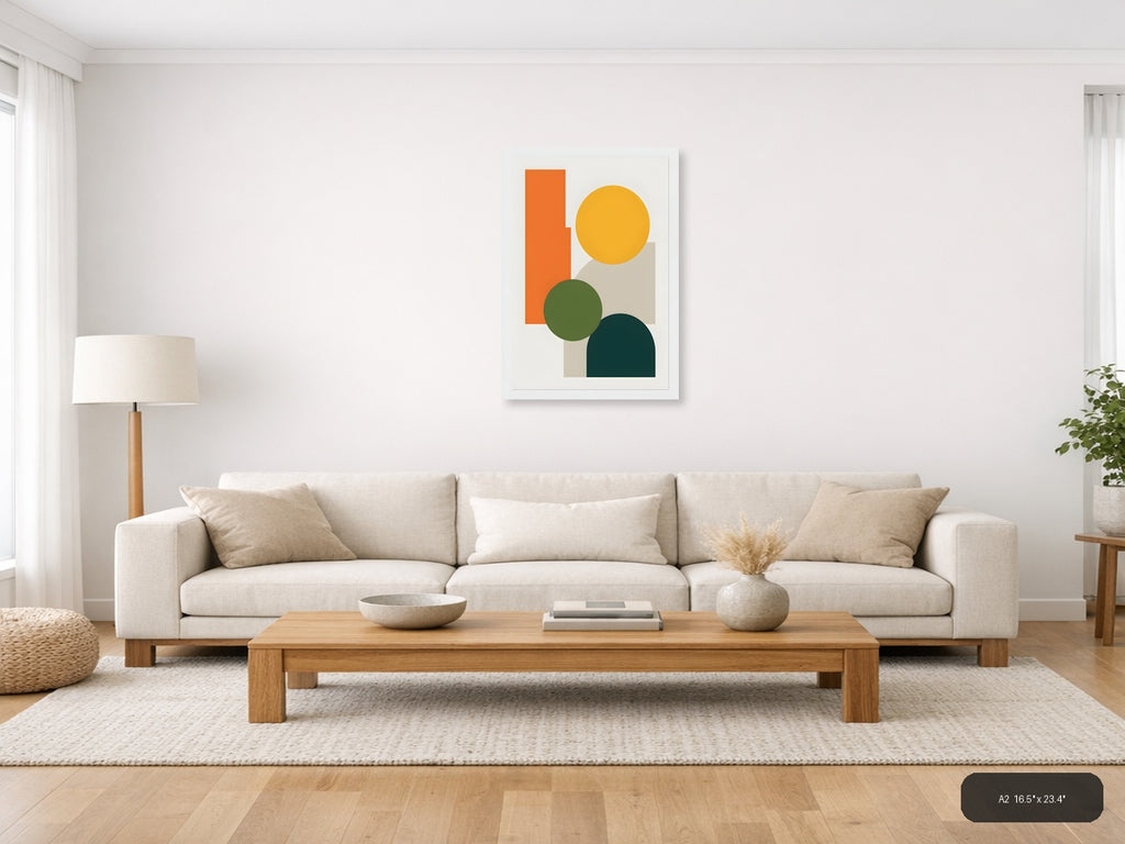 Minimalist Geometric Shapes in Orange, Yellow & Teal Wall Art — A2 / Living Room