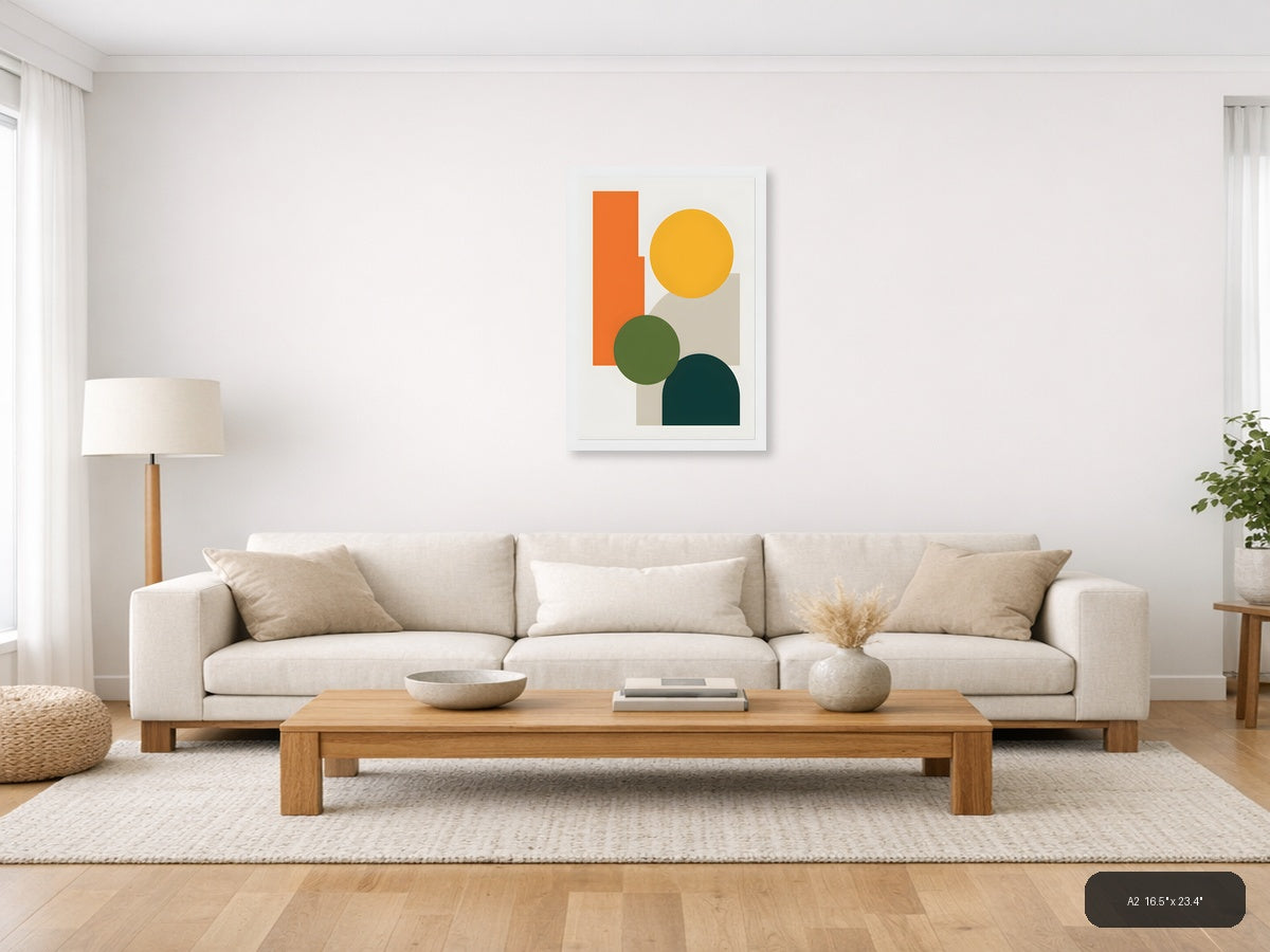 Minimalist Geometric Shapes in Orange, Yellow & Teal Wall Art — A2 / Living Room