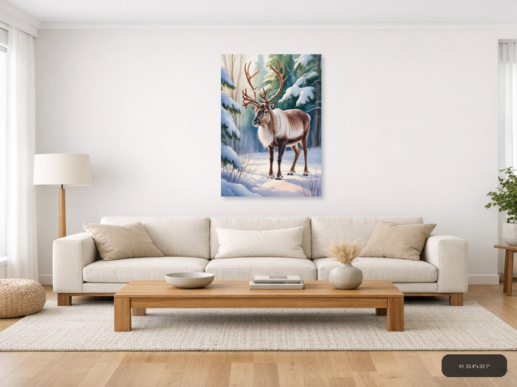 Winter Reindeer in Snowy Forest Watercolor Wall Art — A1 / Living Room