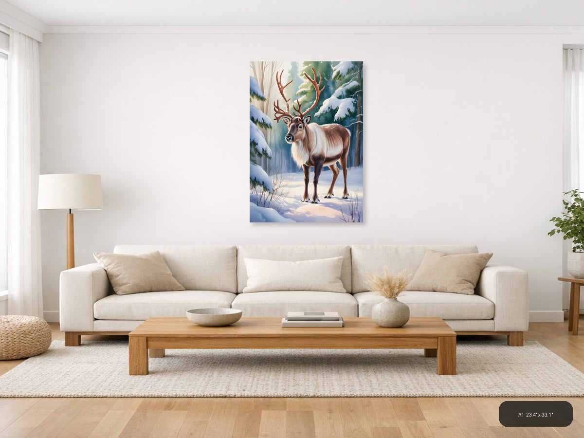 Winter Reindeer in Snowy Forest Watercolor Wall Art — A1 / Living Room