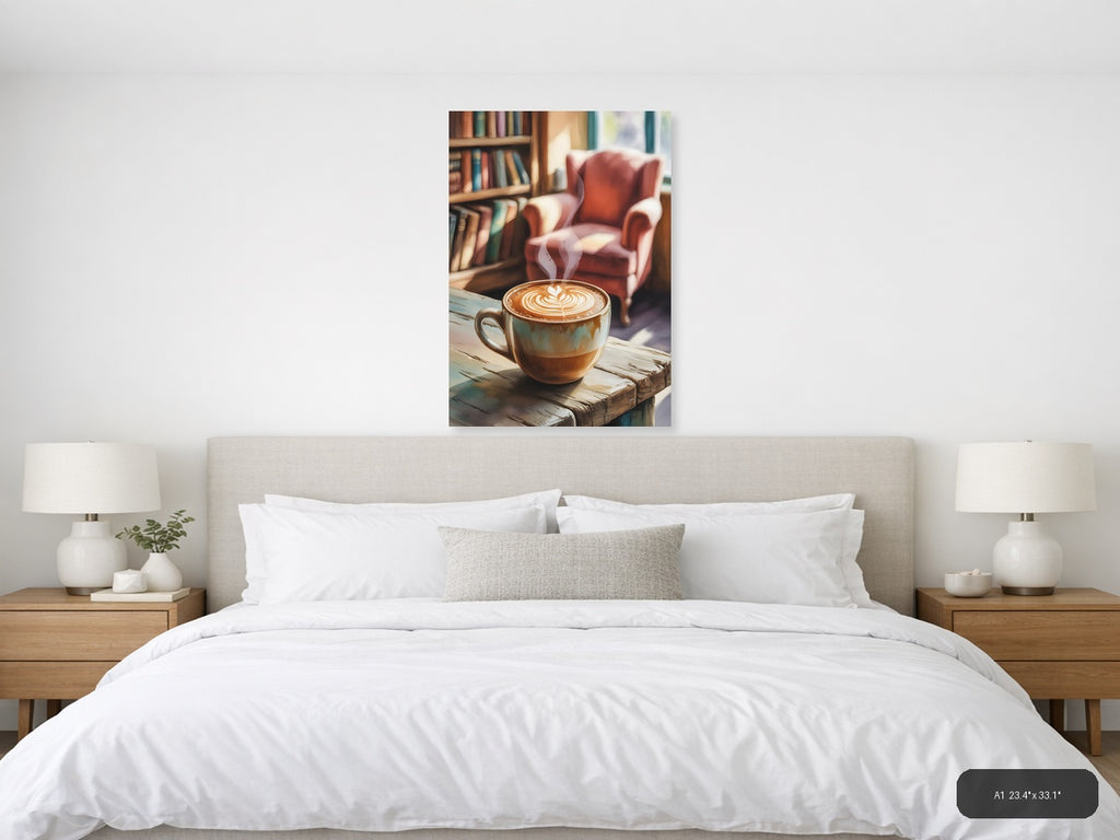 Cozy Library Latte Watercolor Wall Art — A1 / Bedroom