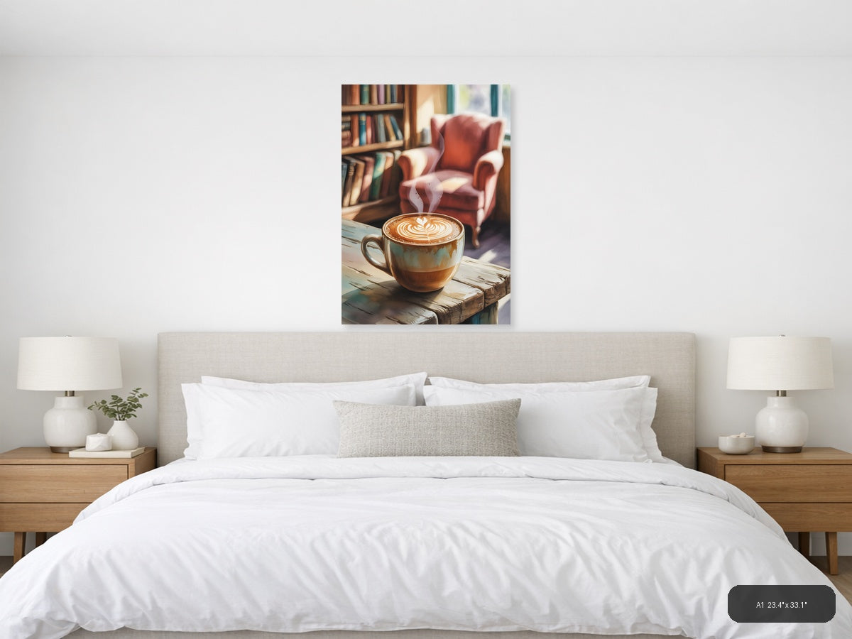 Cozy Library Latte Watercolor Wall Art — A1 / Bedroom