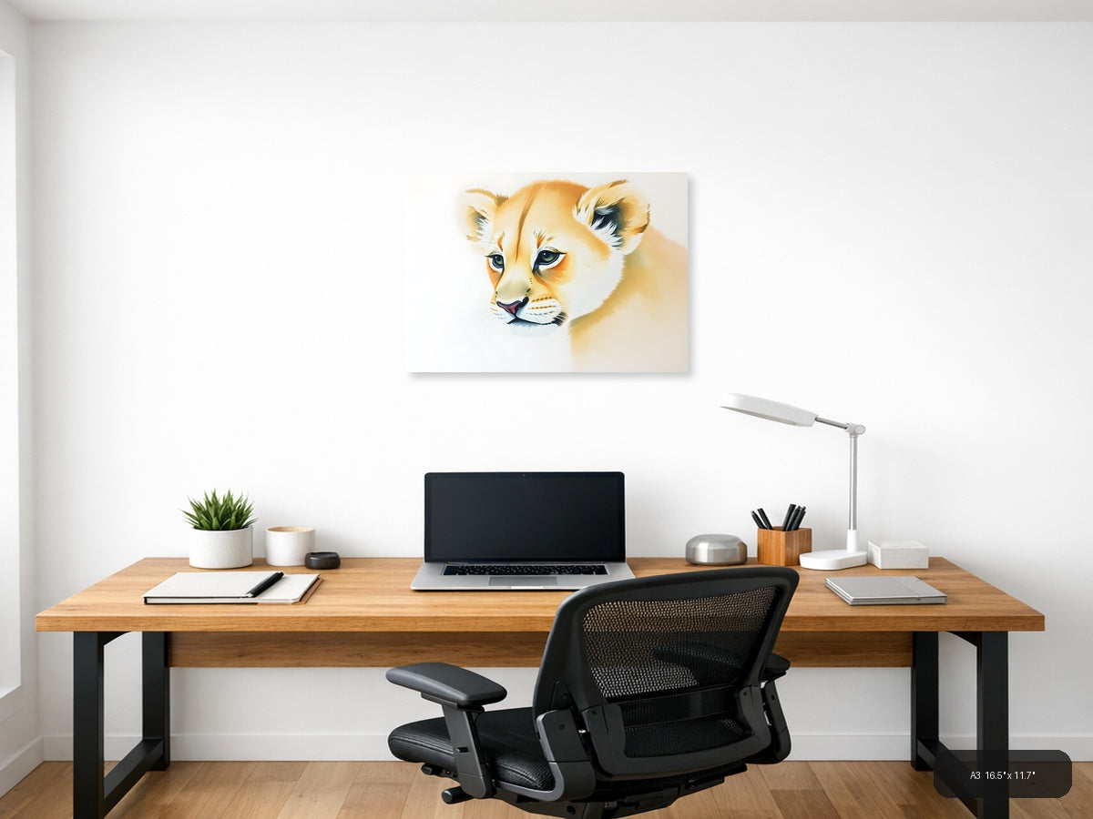 Young Lion Cub Watercolor Portrait Wall Art — A3 / Office