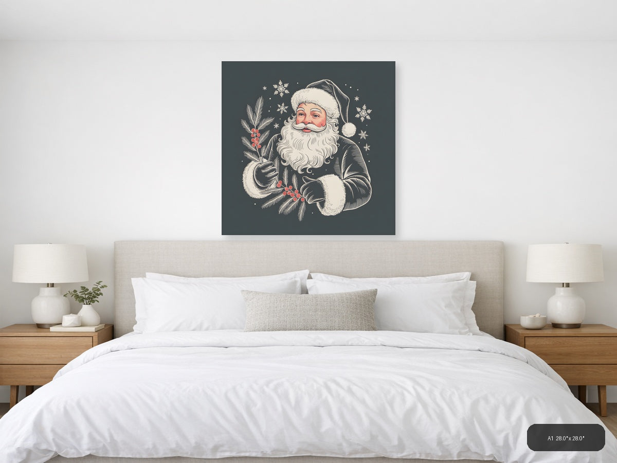 Santa Claus with Holly Line Art Winter Wall Art — A1 / Bedroom