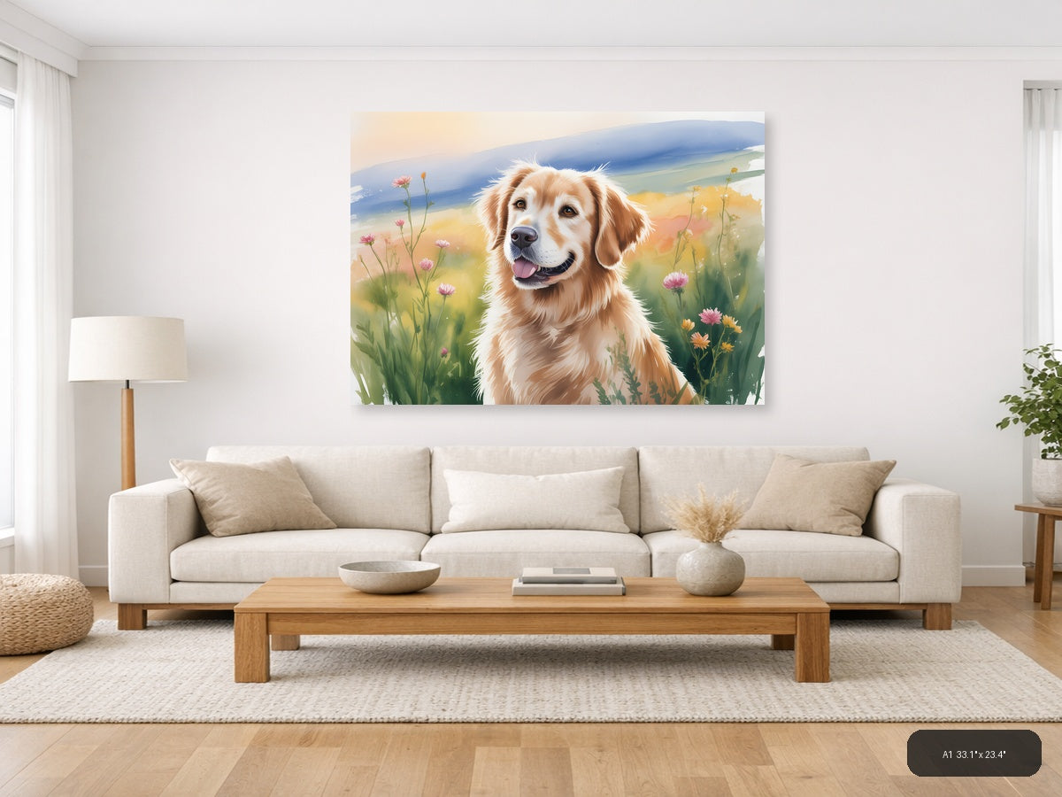 Golden Retriever in Wildflower Meadow Watercolor Wall Art — A1 / Living Room