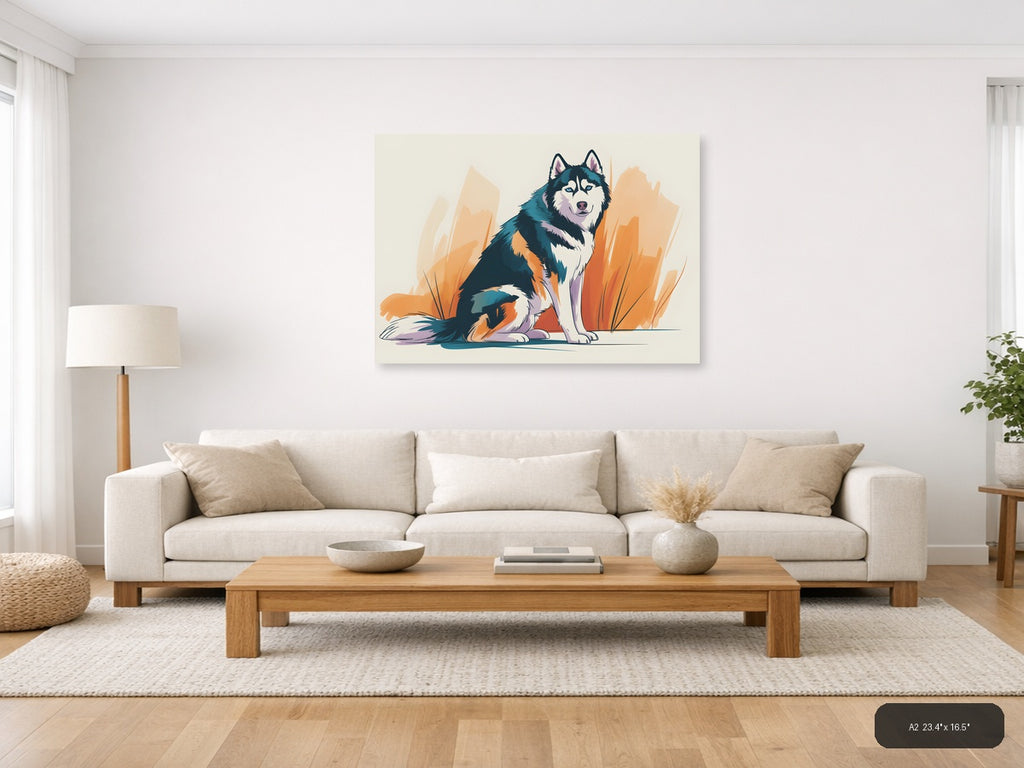 Abstract Husky Dog Portrait with Orange Brush Strokes Wall Art — A2 / Living Room