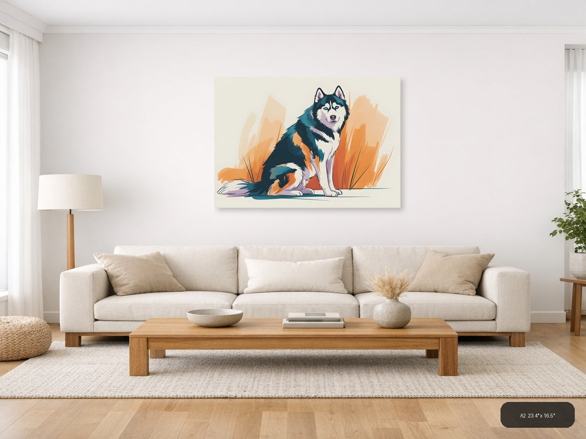 Abstract Husky Dog Portrait with Orange Brush Strokes Wall Art — A2 / Living Room
