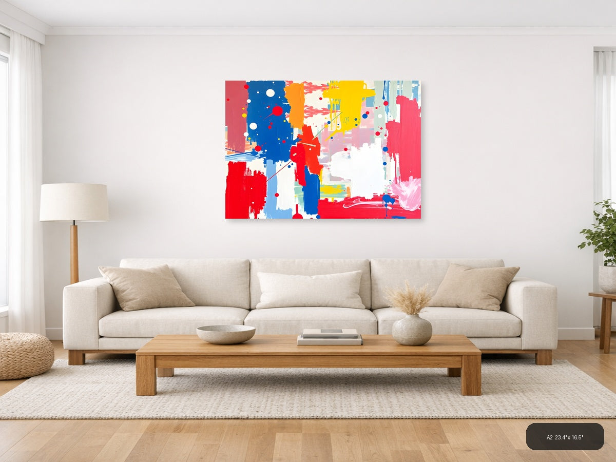 Vibrant Abstract Composition with Red, Blue & Yellow Wall Art — A2 / Living Room