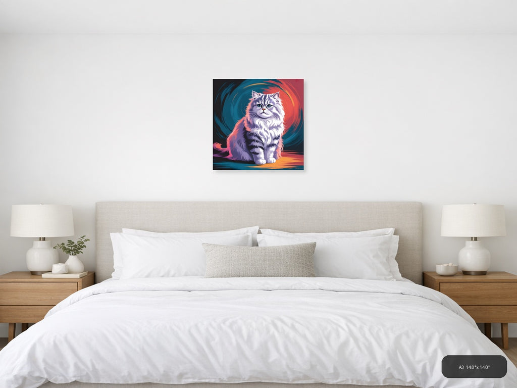 Fluffy Cat Abstract Portrait with Neon Colors Wall Art — A3 / Bedroom
