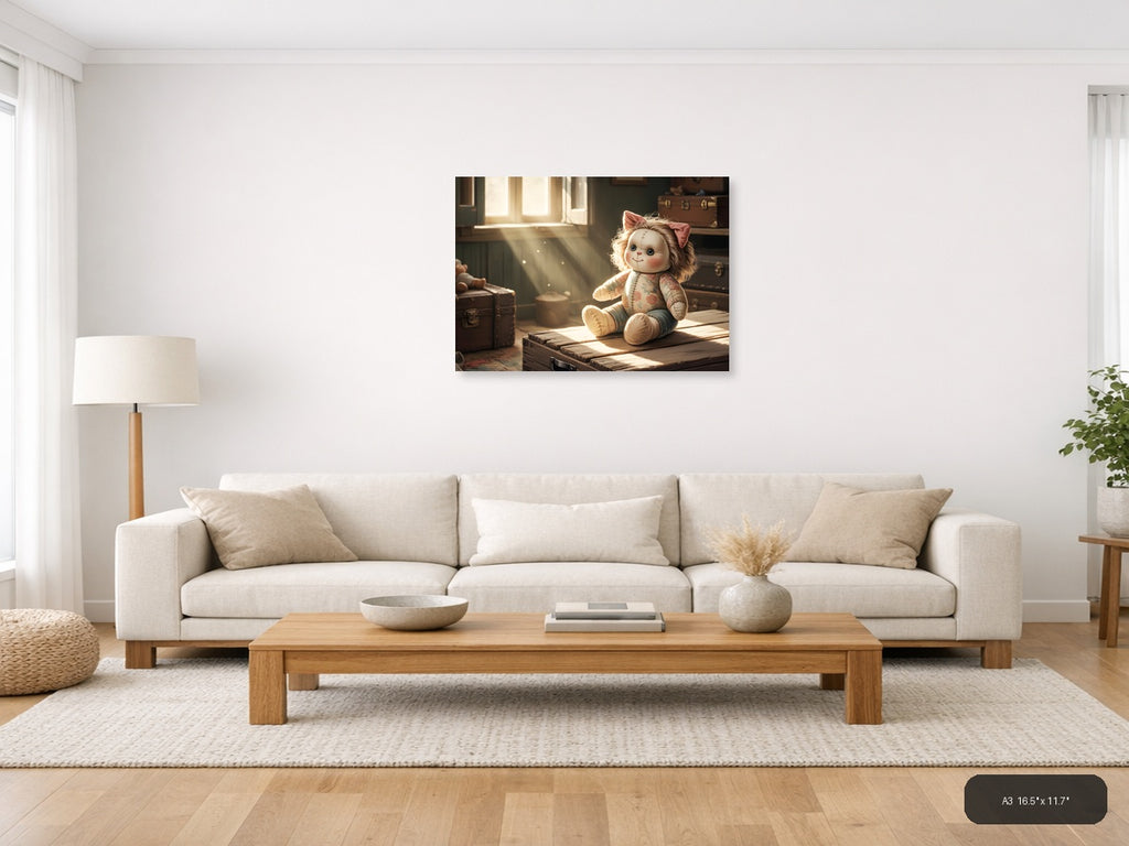 Vintage Stitched Doll in Sunlit Room Wall Art — A3 / Living Room