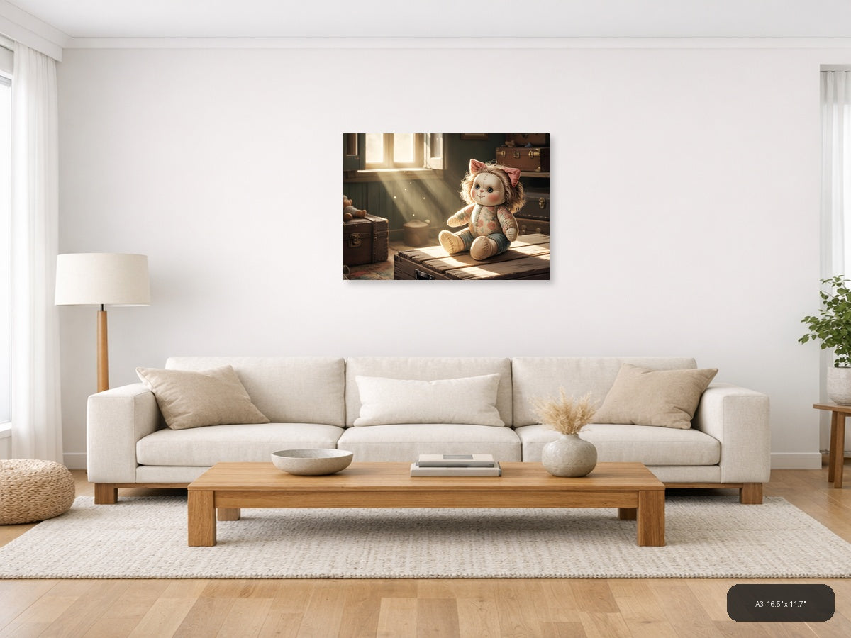 Vintage Stitched Doll in Sunlit Room Wall Art — A3 / Living Room