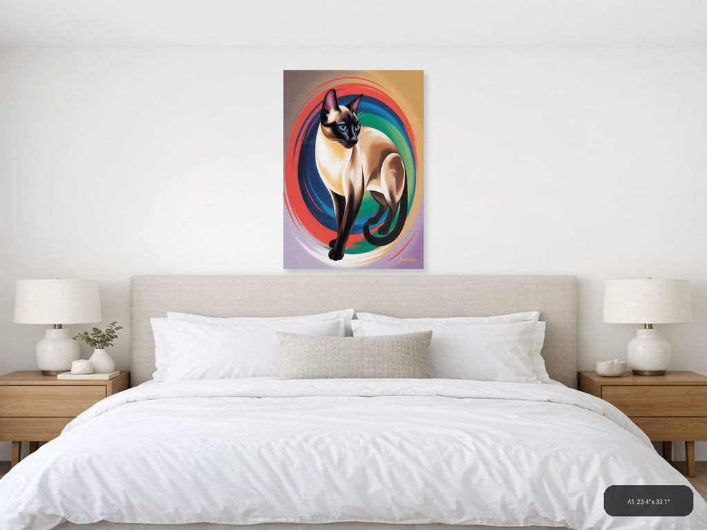 Siamese Cat Abstract Rainbow Swirl Portrait Wall Art — A1 / Bedroom
