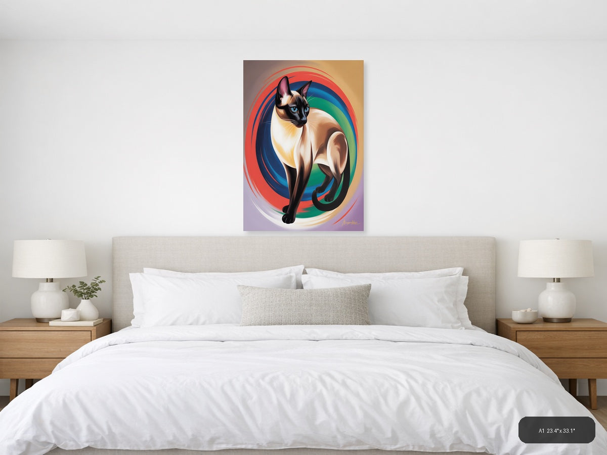 Siamese Cat Abstract Rainbow Swirl Portrait Wall Art — A1 / Bedroom