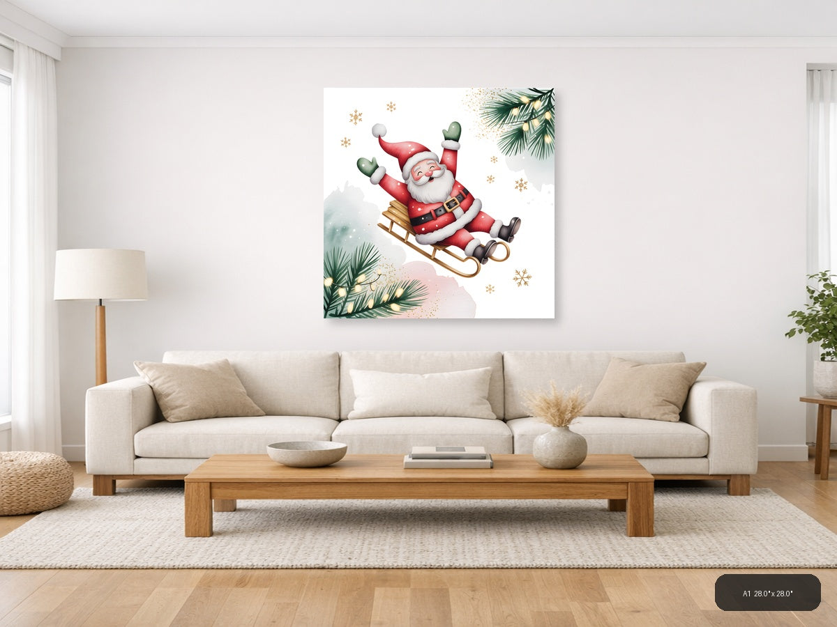 Jolly Santa on Sleigh Watercolor Wall Art — A1 / Living Room