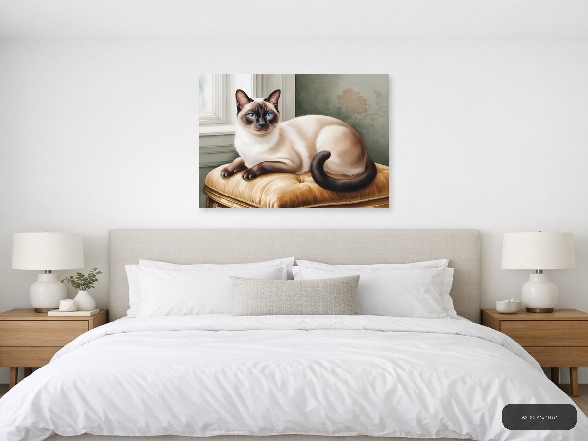 Siamese Cat on Gold Cushion Watercolor Wall Art — A2 / Bedroom