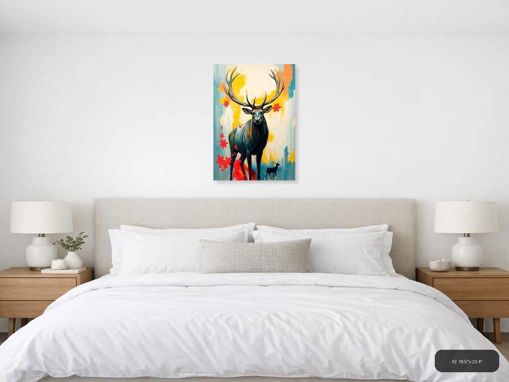 Abstract Deer with Antlers - Modern Yellow & Red Wall Art — A2 / Bedroom