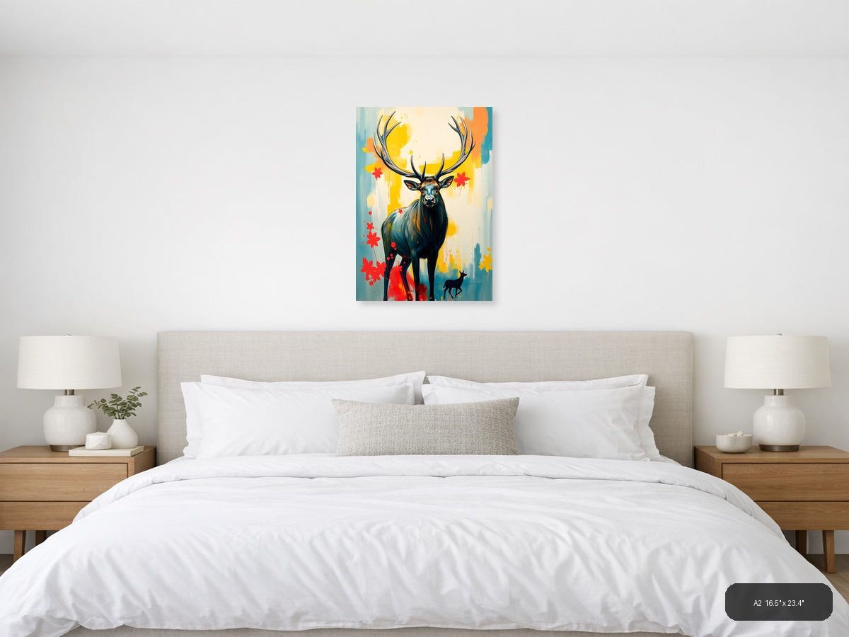 Abstract Deer with Antlers - Modern Yellow & Red Wall Art — A2 / Bedroom