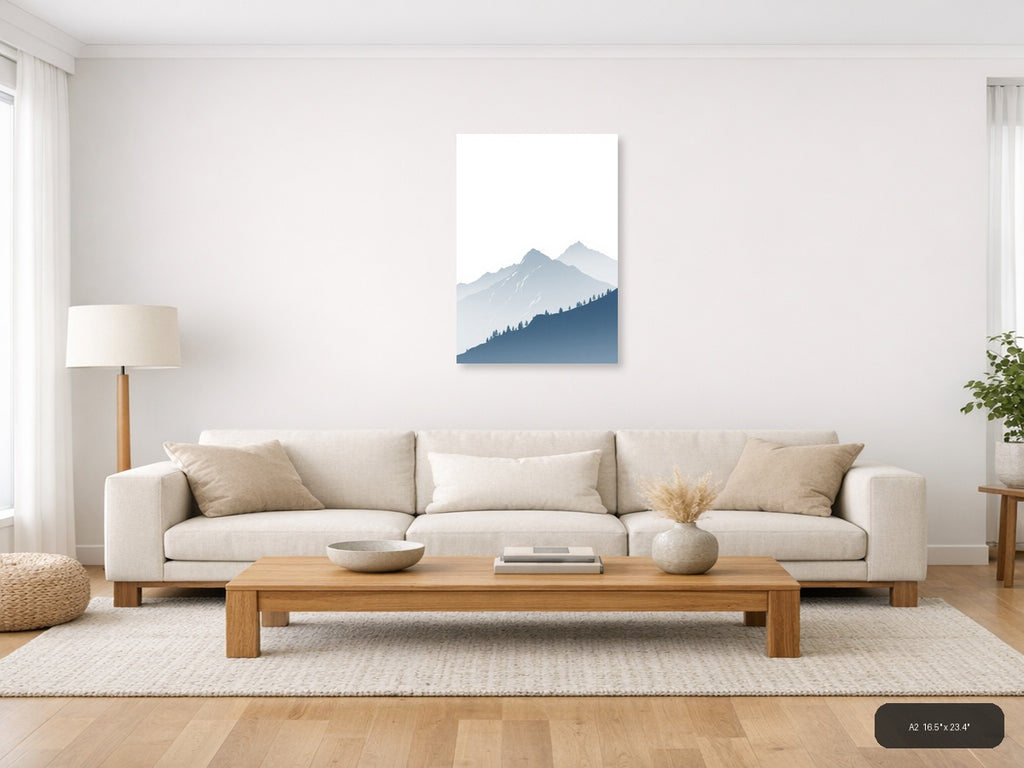 Misty Mountains with Evergreen Forest | Minimalist Landscape Wall Art — A2 (Living Room)