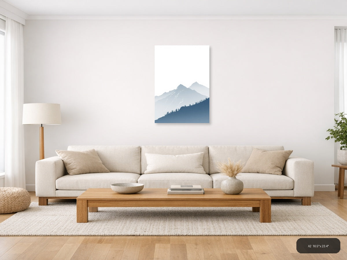 Misty Mountains with Evergreen Forest | Minimalist Landscape Wall Art — A2 (Living Room)
