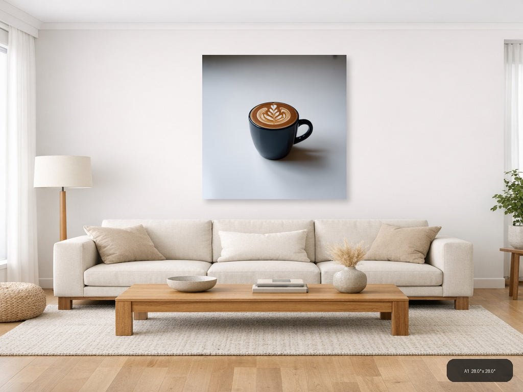 Minimalist Black Coffee Cup with Latte Art Wall Art — A1 / Living Room