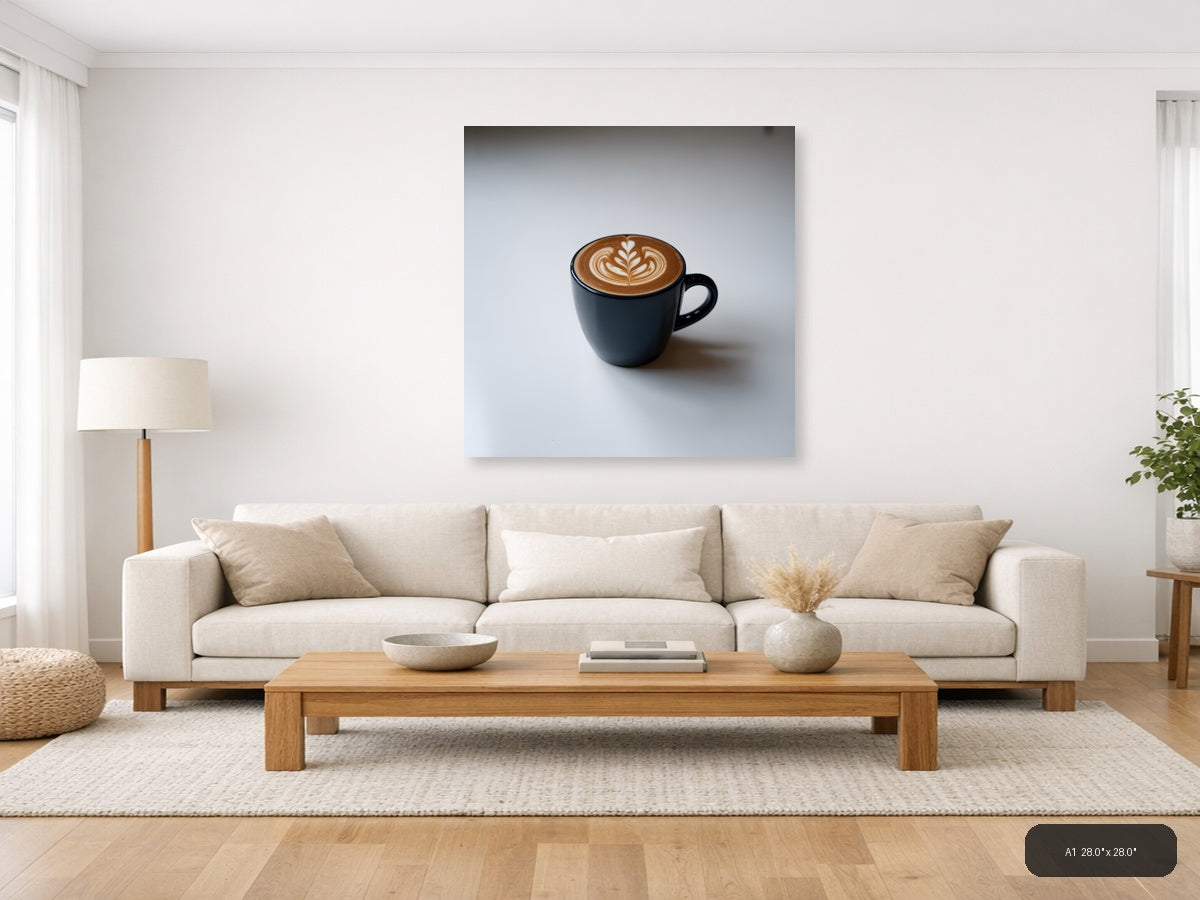 Minimalist Black Coffee Cup with Latte Art Wall Art — A1 / Living Room