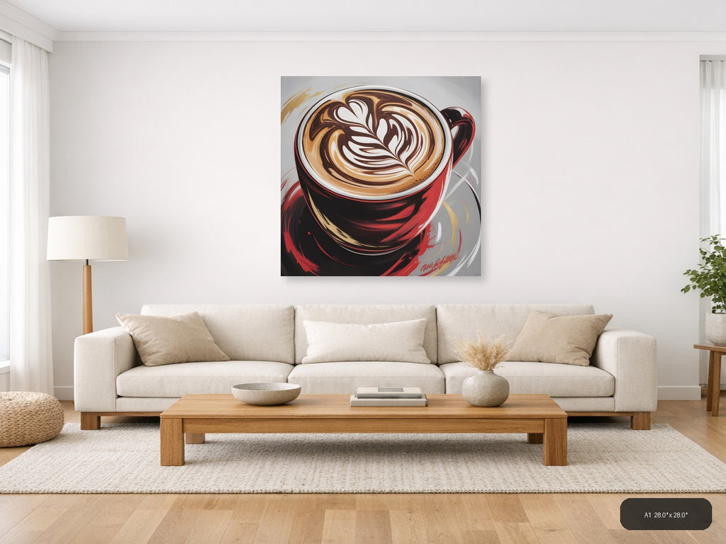 Red Coffee Cup Latte Art Abstract Wall Art — A1 / Living Room