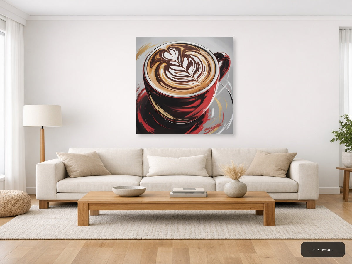 Red Coffee Cup Latte Art Abstract Wall Art — A1 / Living Room