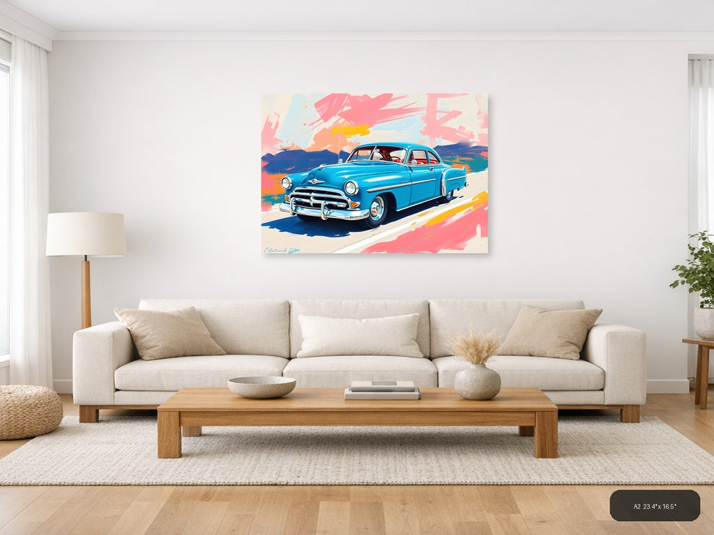 Blue Vintage Car Abstract Brushstrokes Wall Art — A2 / Living Room
