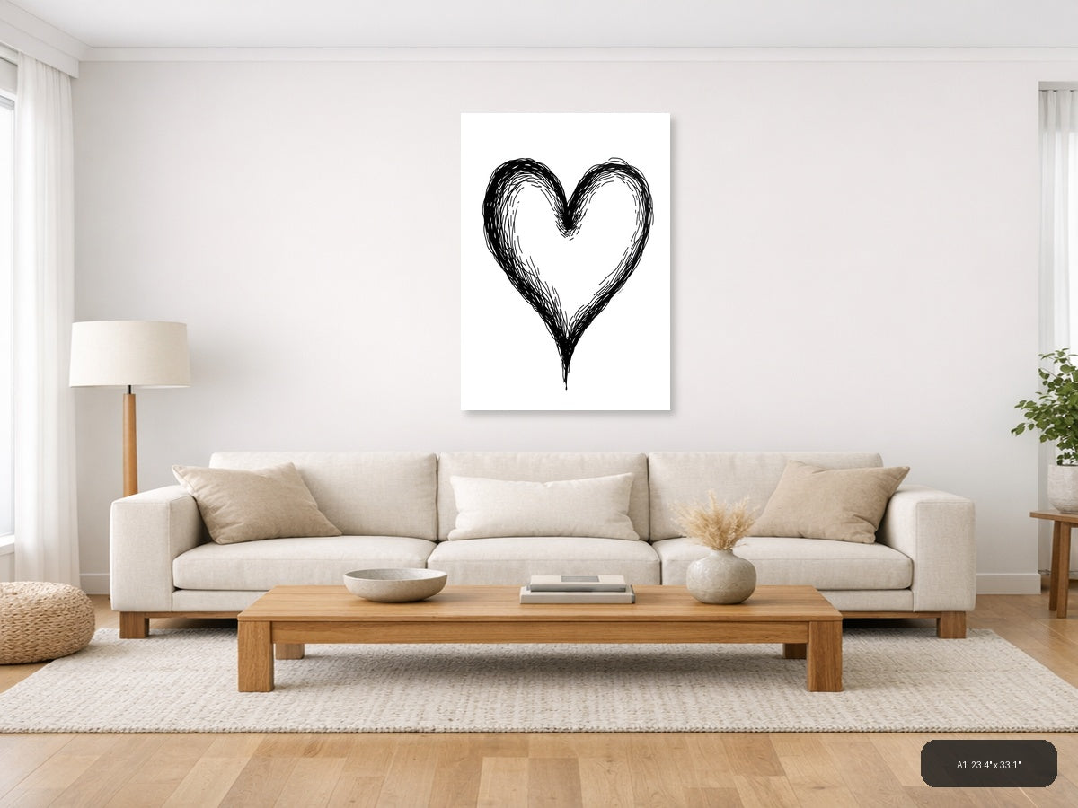 Hand-Drawn Heart Line Art Black Ink Wall Art — A1 / Living Room