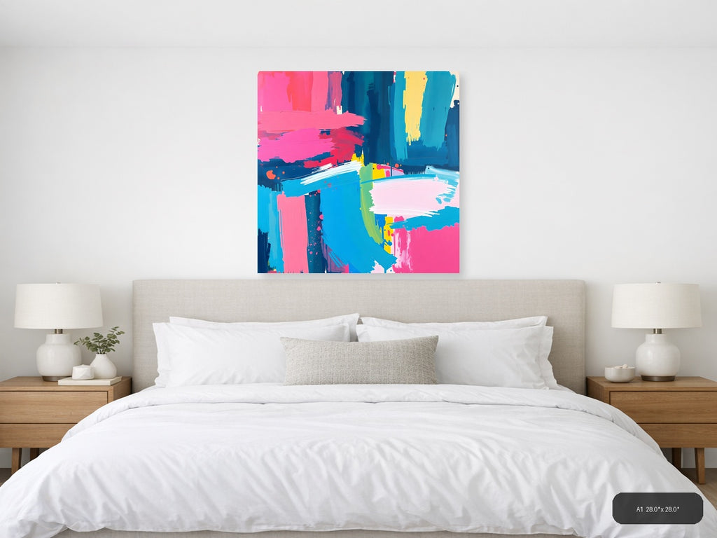 Vibrant Abstract Brushstrokes Cyan Pink Yellow Wall Art — A1 / Bedroom