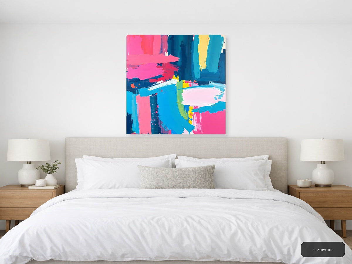 Vibrant Abstract Brushstrokes Cyan Pink Yellow Wall Art — A1 / Bedroom