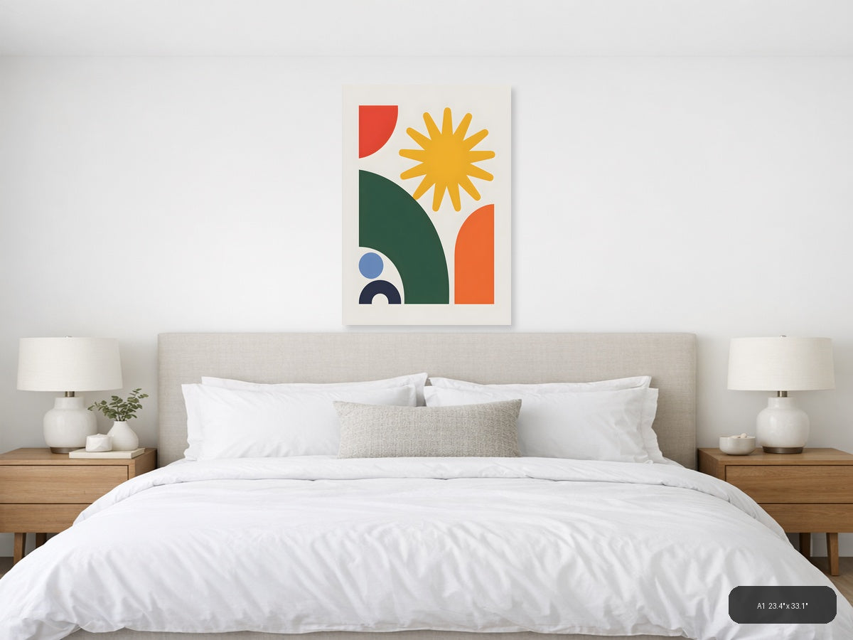 Minimalist Sun & Geometric Shapes Portrait Wall Art — A1 / Bedroom
