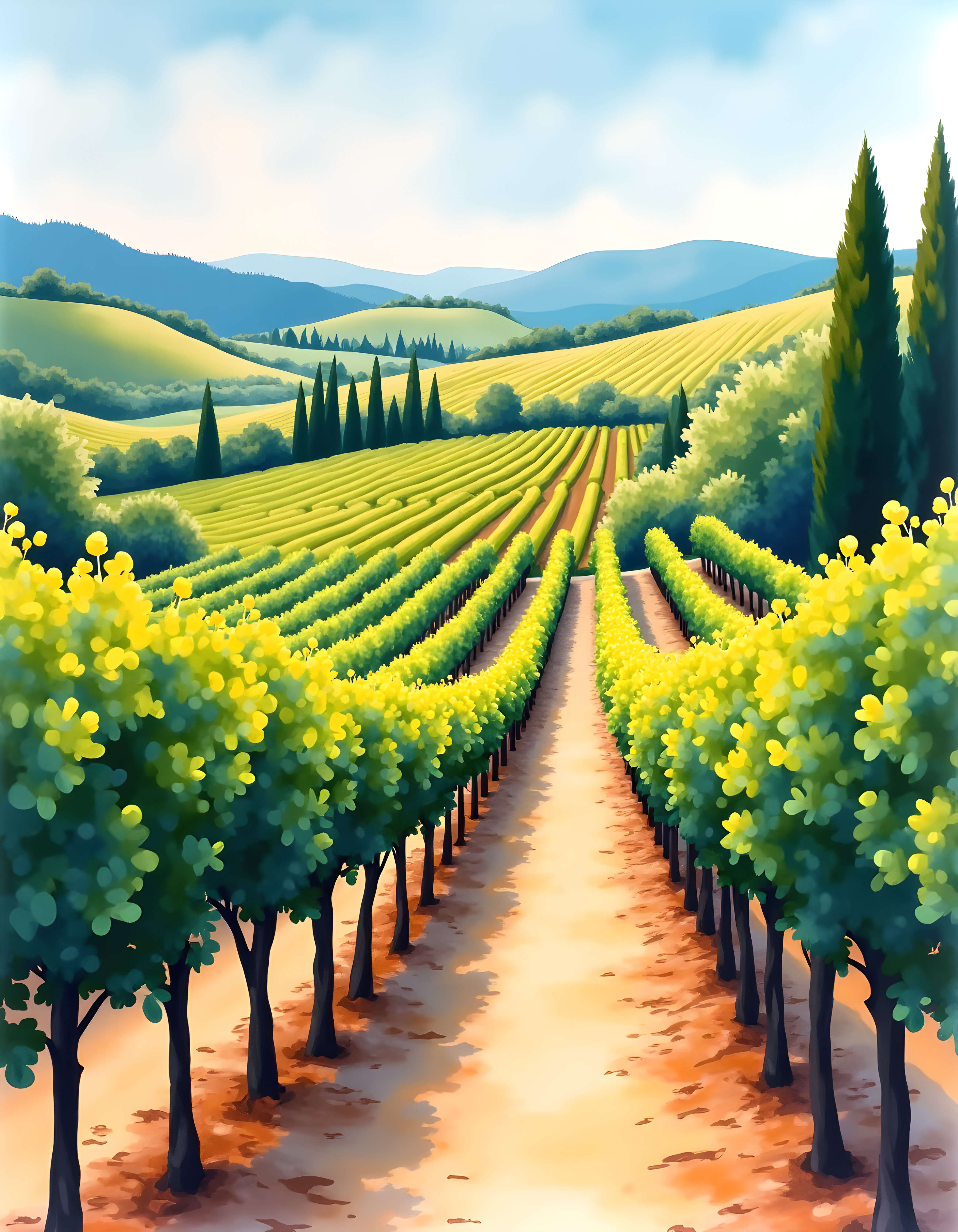 Tuscan Vineyard Landscape Watercolor Wall Art
