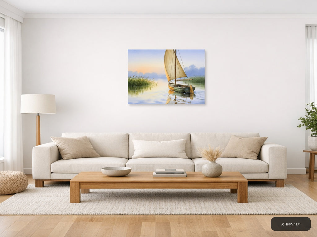 Boat — Watercolor (Landscape) Canvas Print | Watercolor Wall Art | A4 A3 A2 A1 — A3 / Living Room