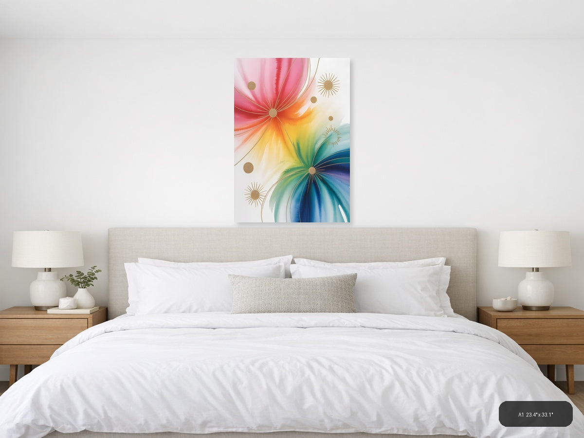 Rainbow Watercolor Sunburst with Gold Accents Wall Art — A1 / Bedroom