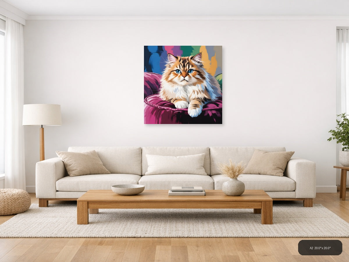 Fluffy Cat with Blue Eyes Abstract Colorful Wall Art — A2 / Living Room