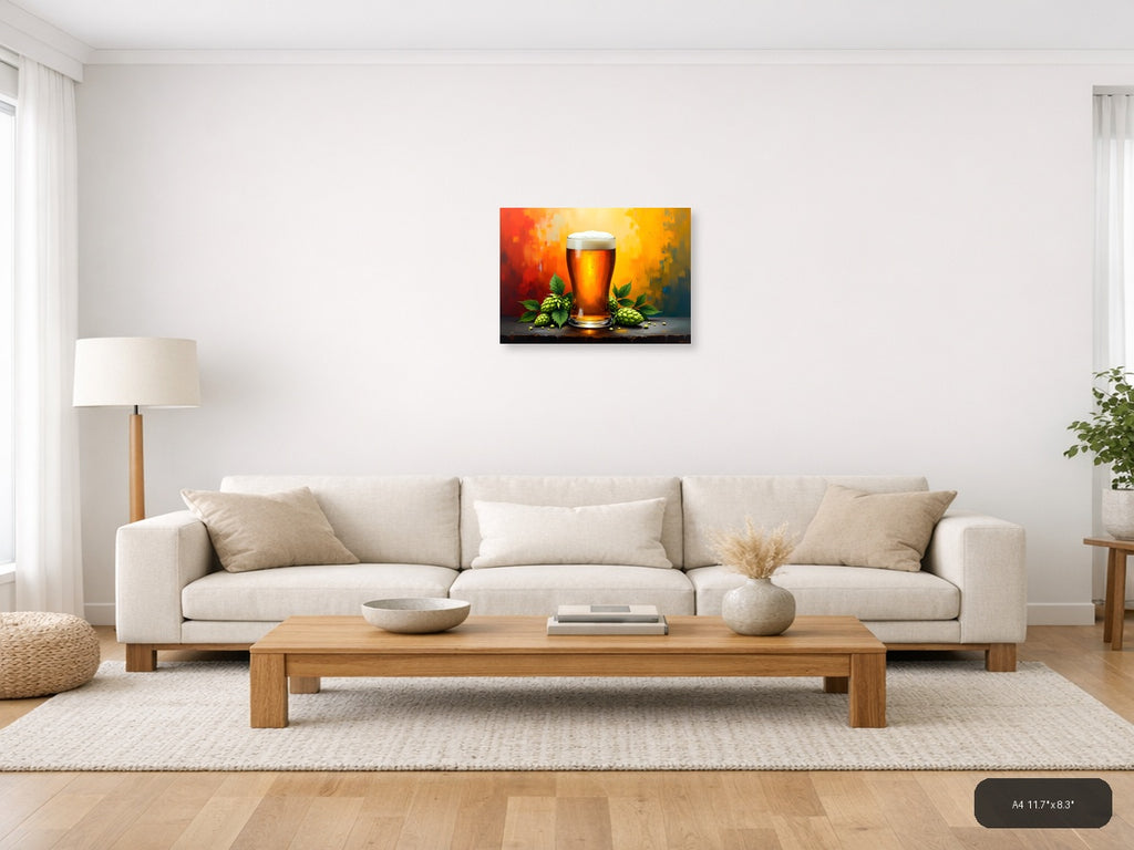 Beer Glass Hops Abstract Orange Yellow Wall Art — A4 / Living Room