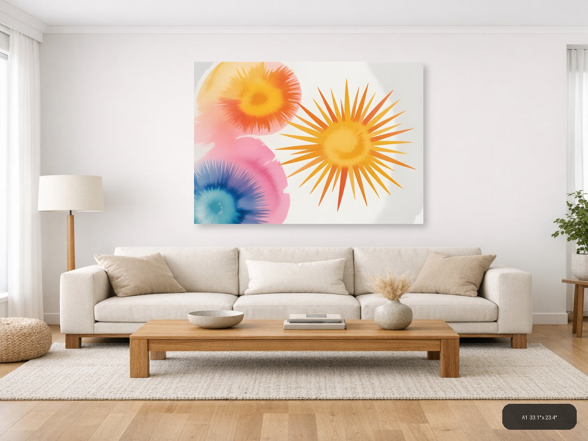 Watercolor Sunburst Flowers Abstract Wall Art — A1 / Living Room