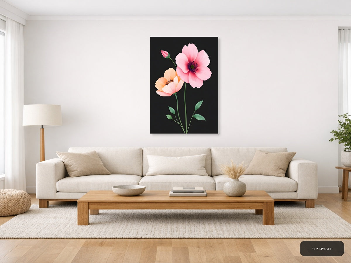 Pink & Peach Flowers Minimalist Botanical Wall Art — A1 / Living Room