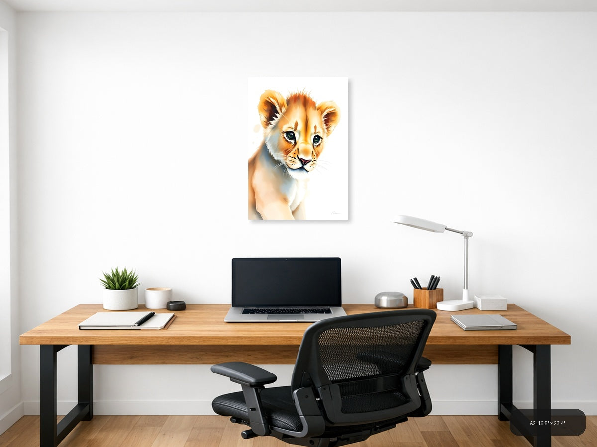 Young Lion Cub Watercolor Portrait Wall Art — A2 / Office
