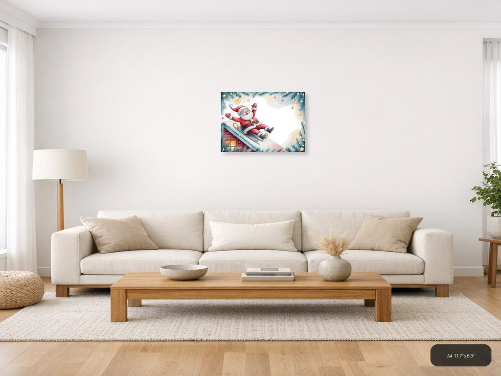 Santa Sledding Watercolor Christmas Wall Art — A4 / Living Room