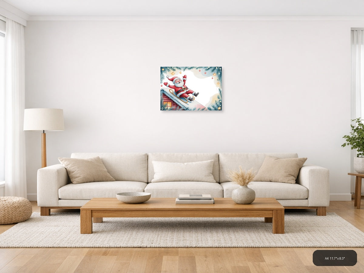 Santa Sledding Watercolor Christmas Wall Art — A4 / Living Room